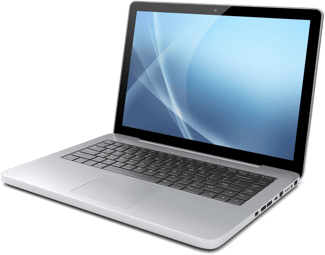 A silver laptop with a black keyboard and blue screen