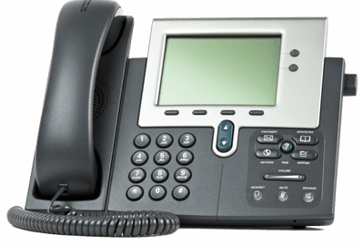 A black, corded office phone