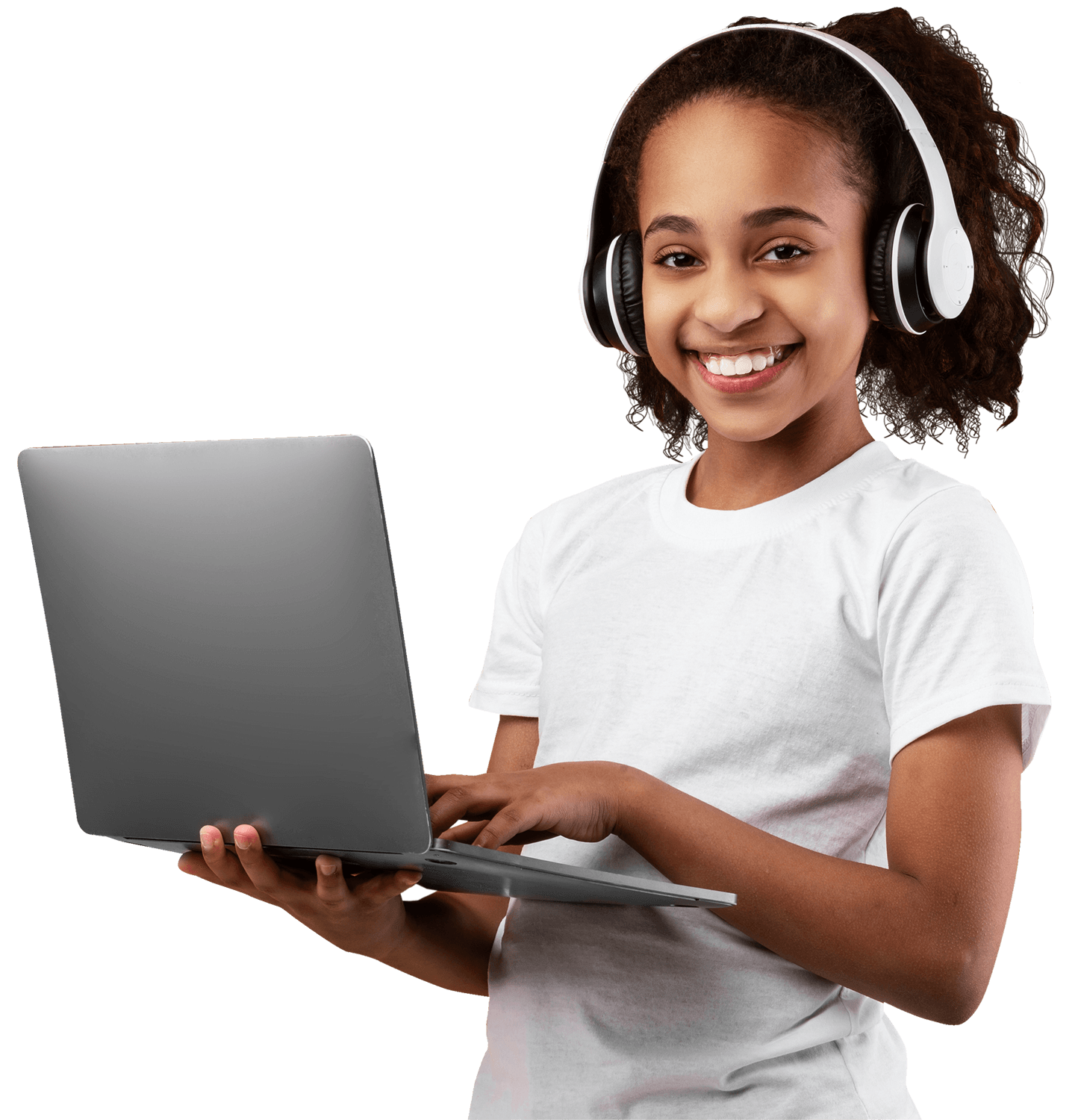 A girl wearing headphones and using a laptop