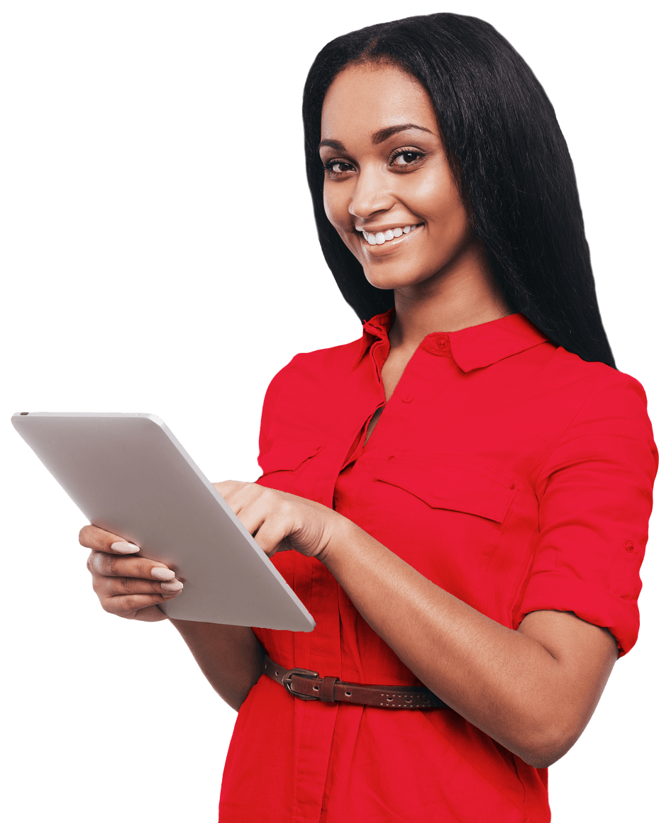 A business woman holding a tablet