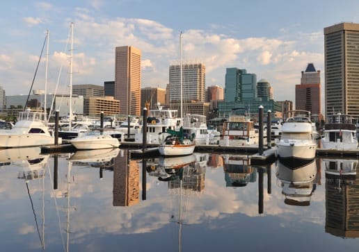 Exterior shot of a city skyline and boats moored at a harbor.
