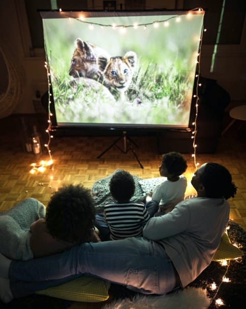 family watches movie on projector screen