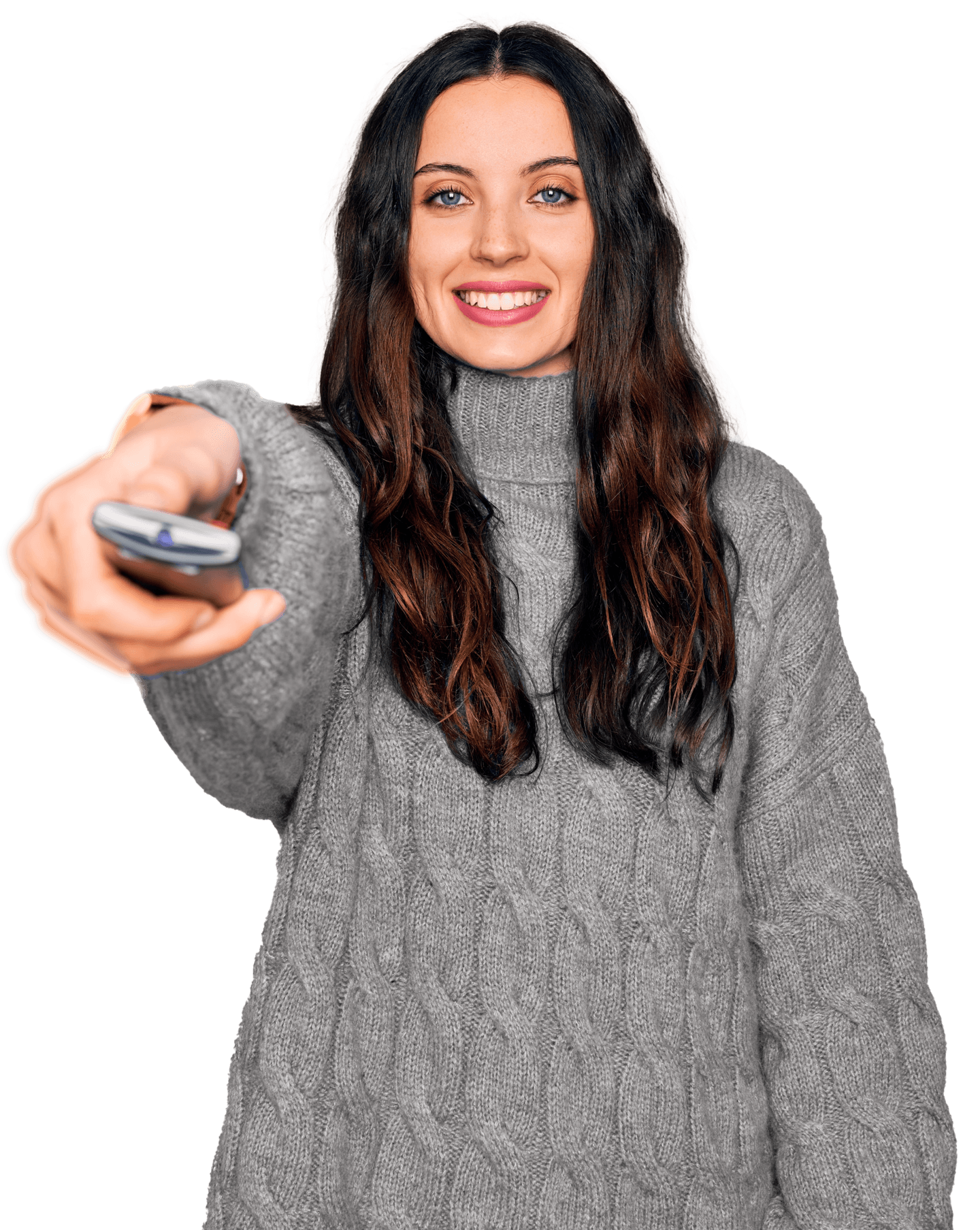 A woman holding out a TV remote