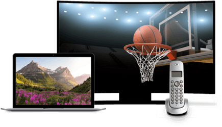 A laptop, landline phone, and TV depicting a basketball hoop