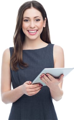 A woman holding a tablet