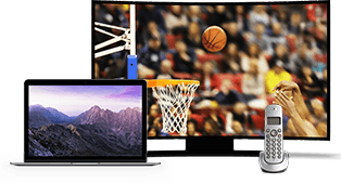 A laptop, landline phone, and TV depicting a basketball hoop