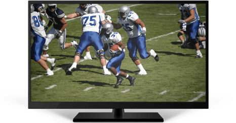 A black smart TV depicting five football players scuffling