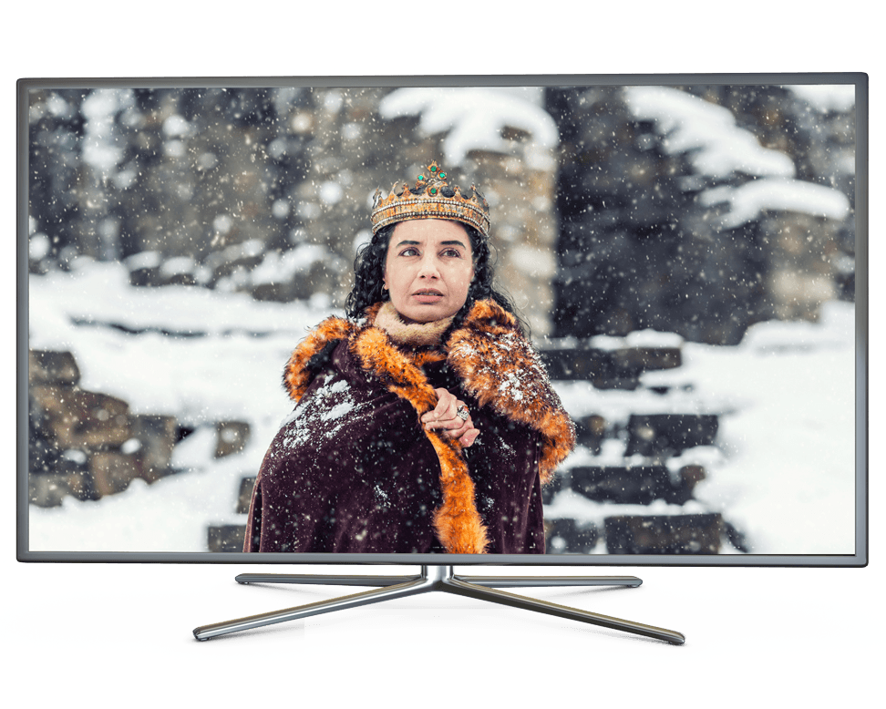 A black smart TV depicting a queen