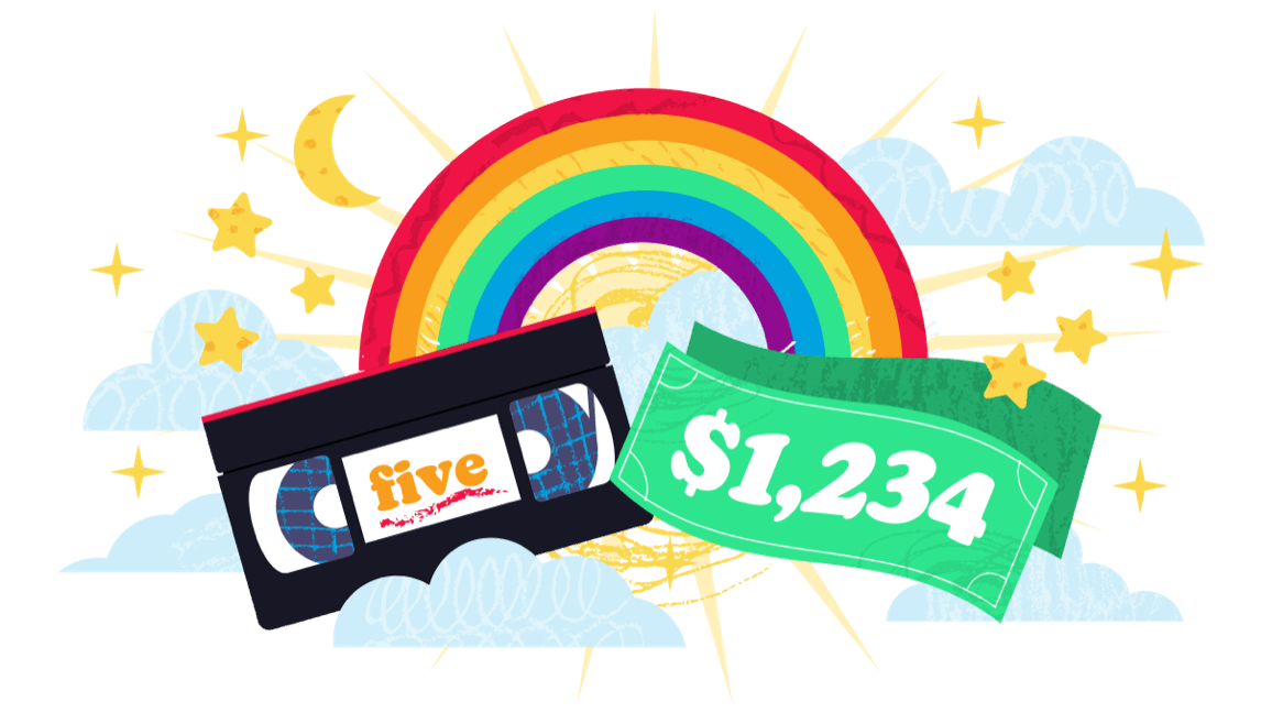 illustration of a rainbow, video tape, and money