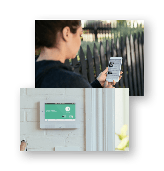 Woman on mobile app and Vivint Hub