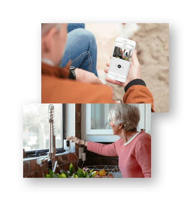 senior couple using the Vivint app and camera