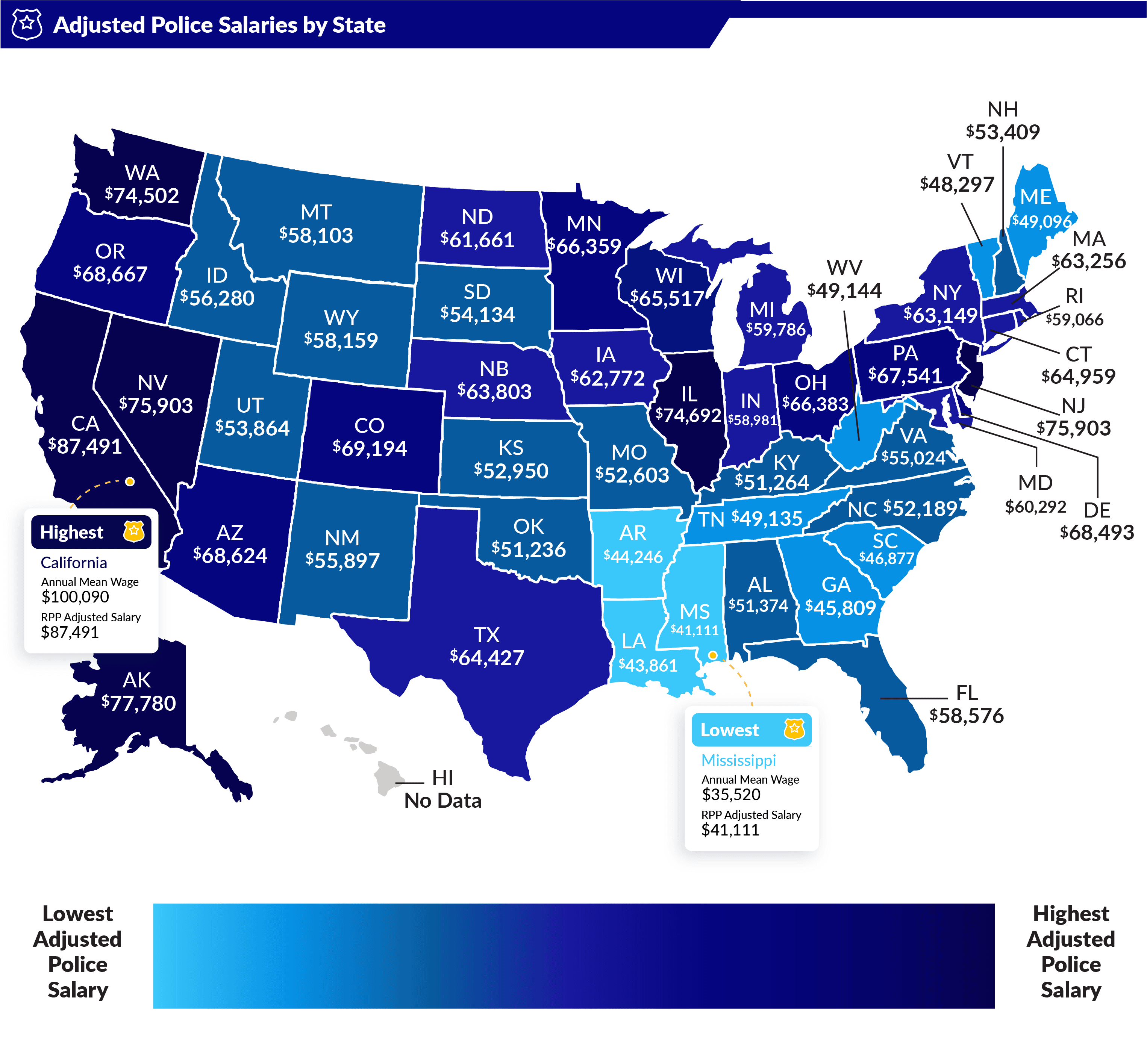 Map of United States showing adjusted police salaries by state